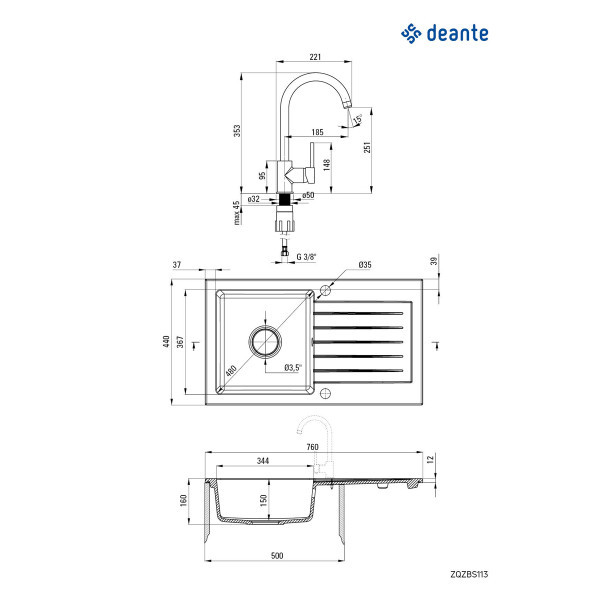 Deante set sudopera ZQZ S113+ slavina BEU S62M 